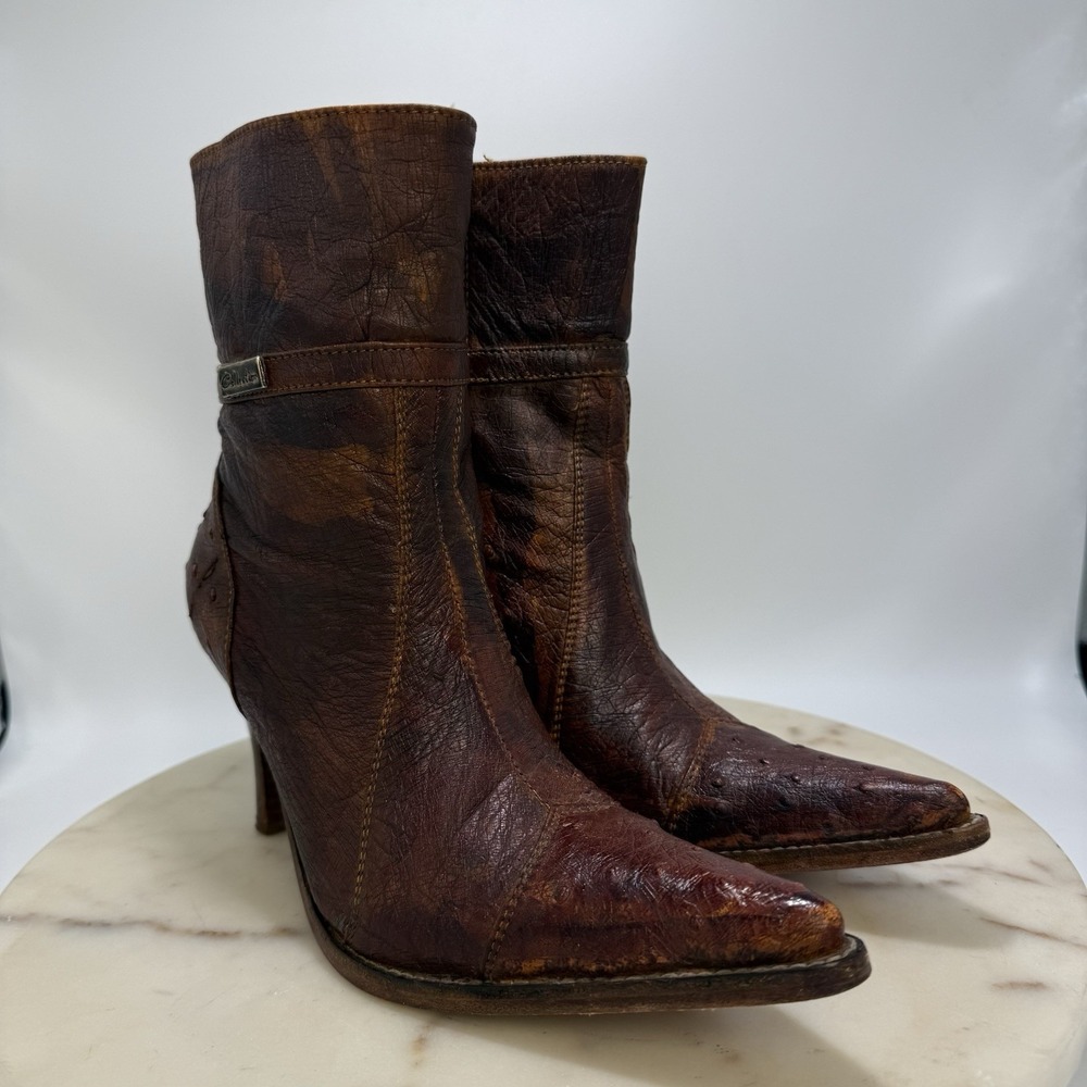 Puro Cuero Brown Ostrich Leather Pointed Toe Stiletto Zipper Camila Boot 5.5